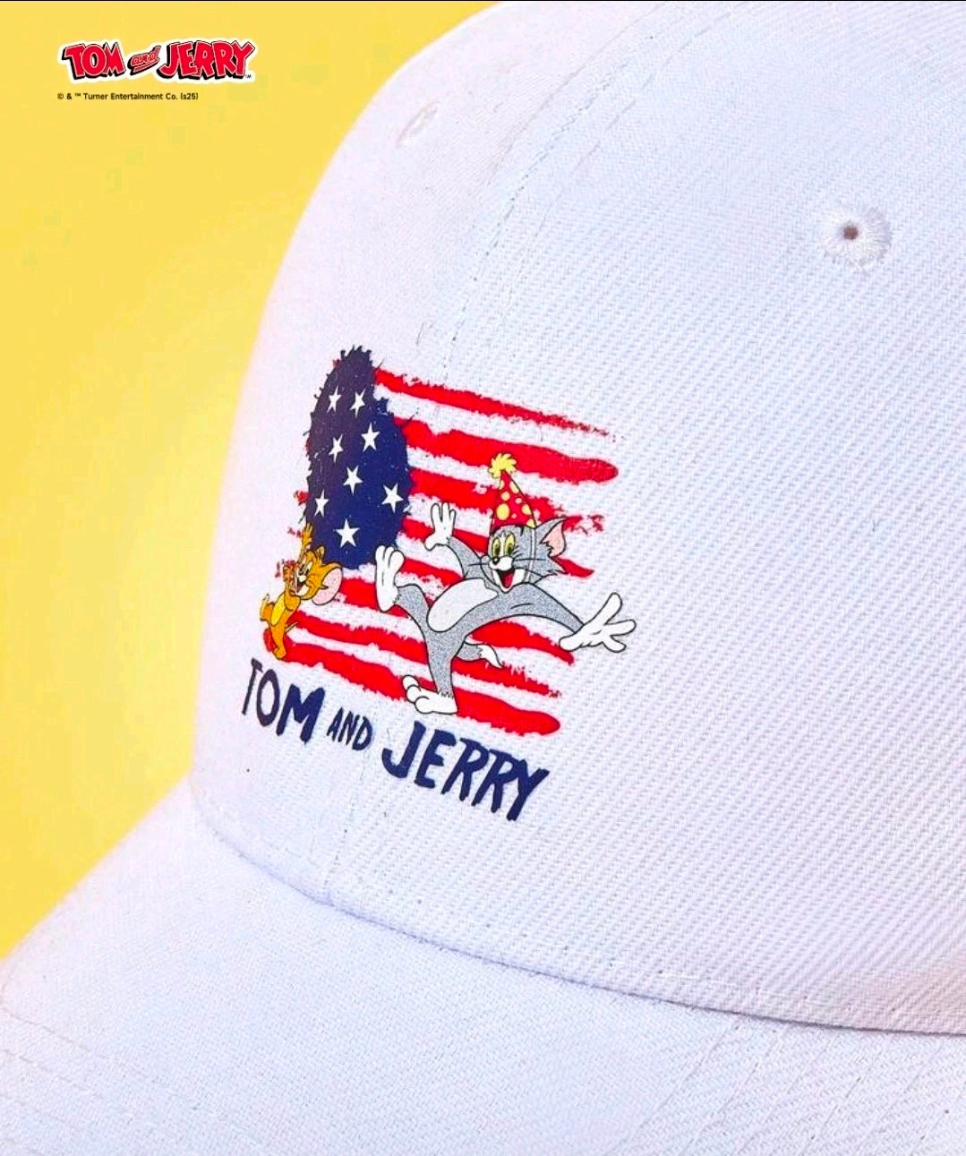White baseball cap with Tom and Jerry patriotic US flag front embroidery