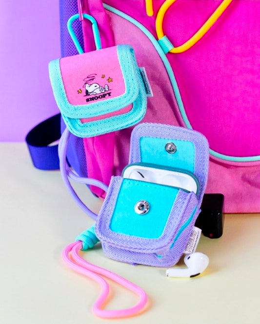 Mini canvas earbud case with wrist strap, teal and purple, Snoopy patch and earbuds