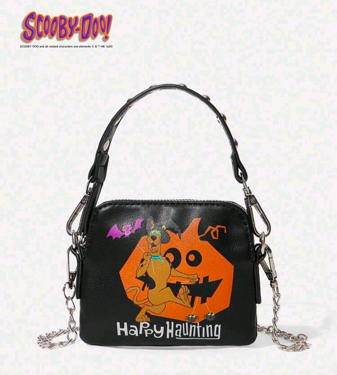 Black mini crossbody clutch purse with chain strap and 'Happy Haunting' graphic