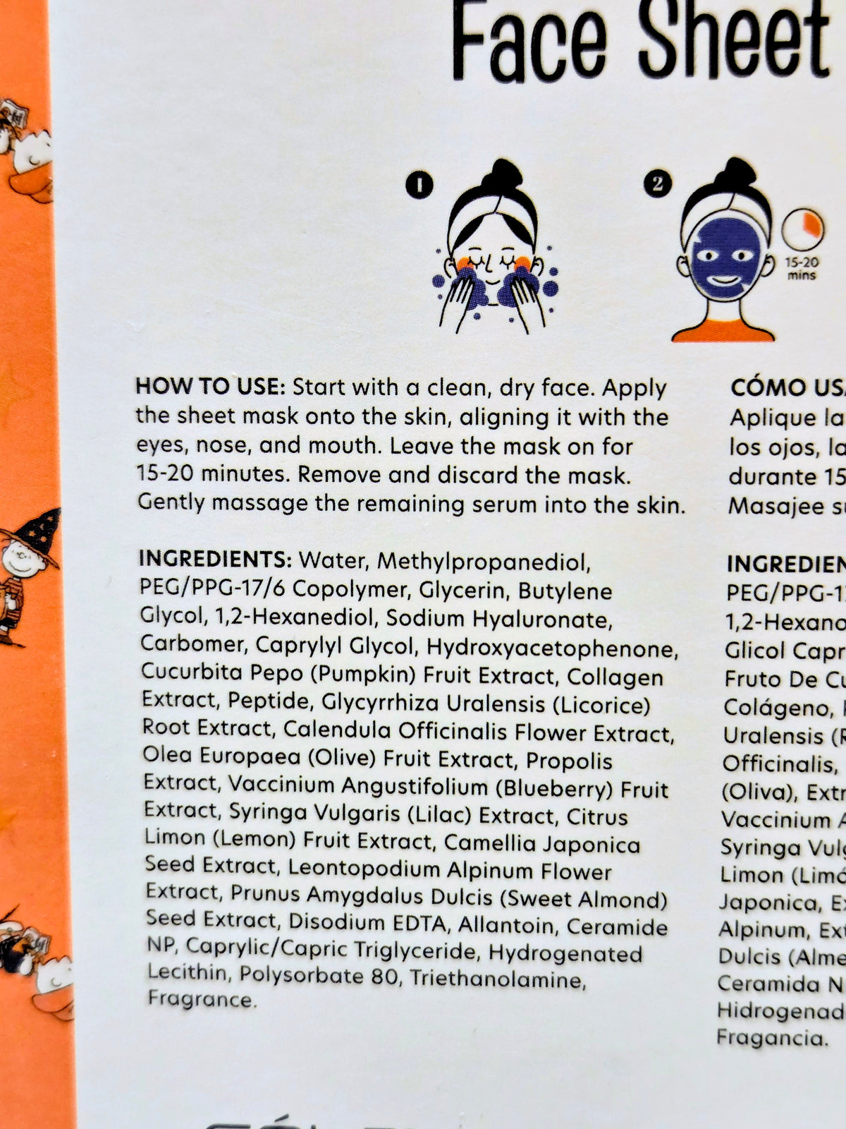 Face sheet mask directions panel with Snoopy in pumpkin costume on orange box
