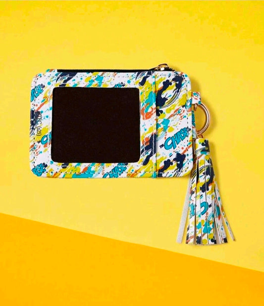 Paint-splash printed zipper wallet with keyring tassel and front rectangular pocket