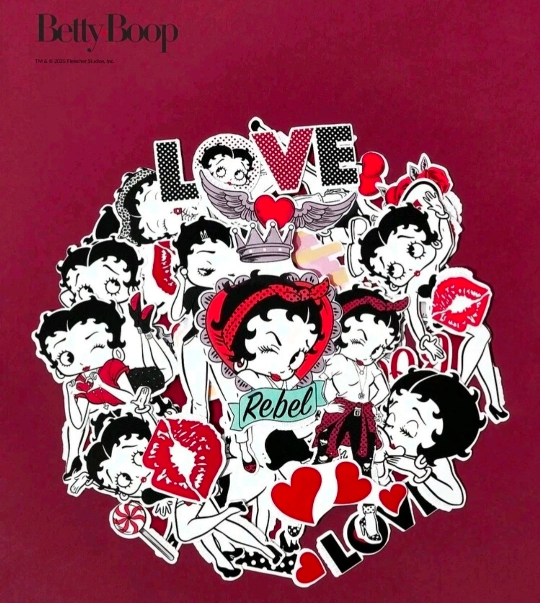 Betty Boop sticker sheet with Valentine-themed character stickers and heart icons