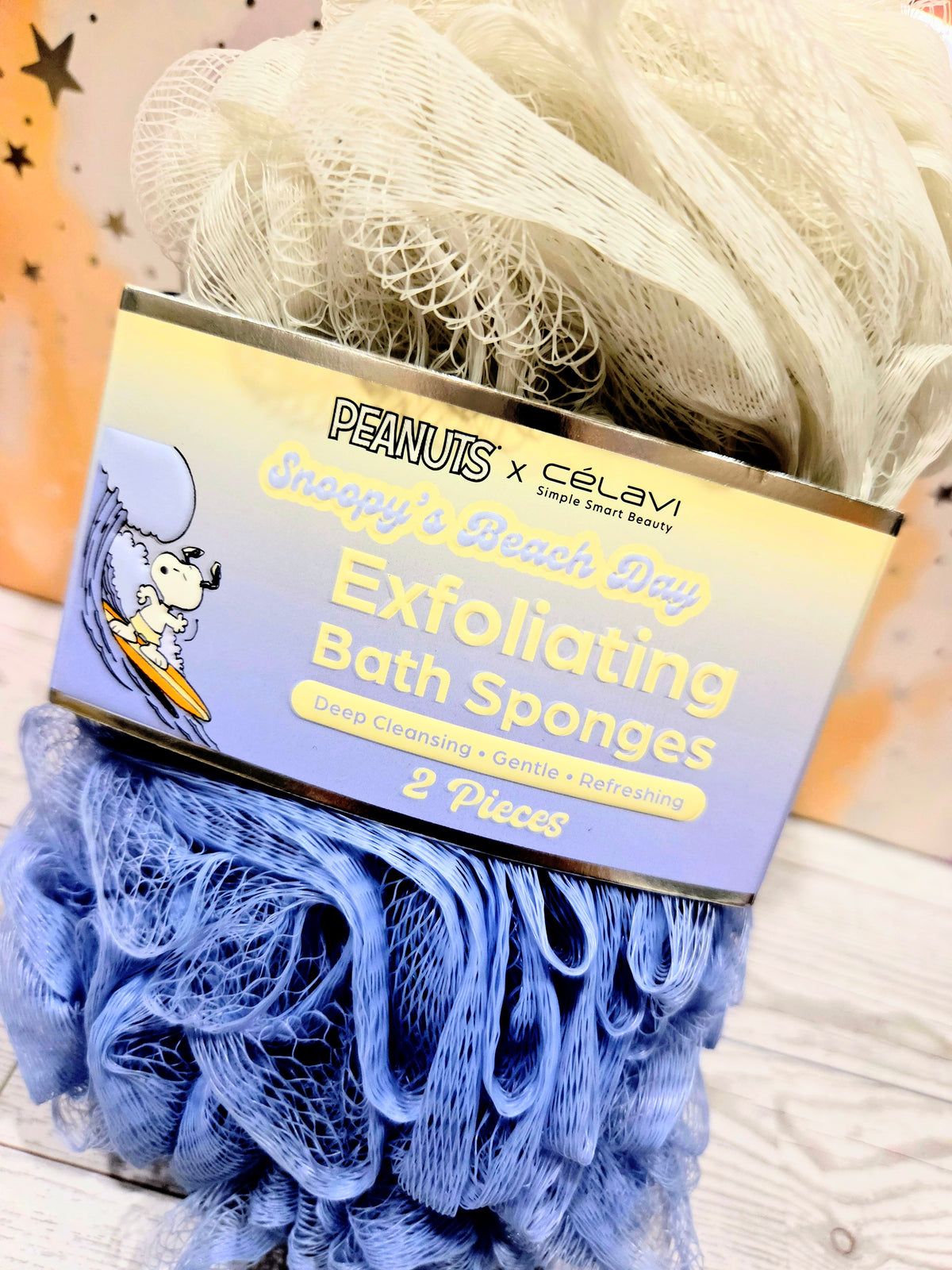 Celavi Snoopy beach day exfoliating bath sponge set with blue and cream sponges