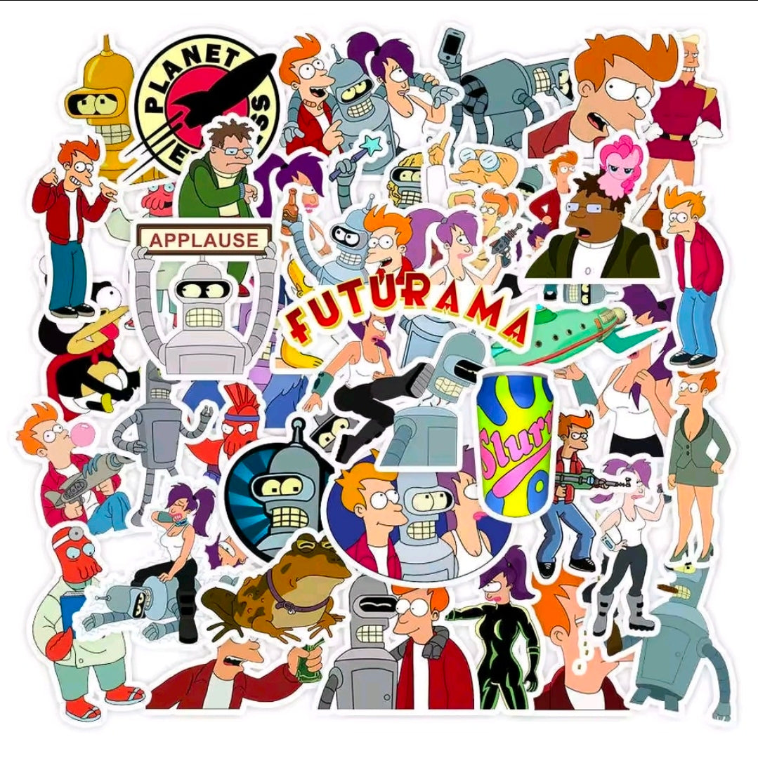 Futurama vinyl sticker pack showing many die-cut character stickers on a sheet