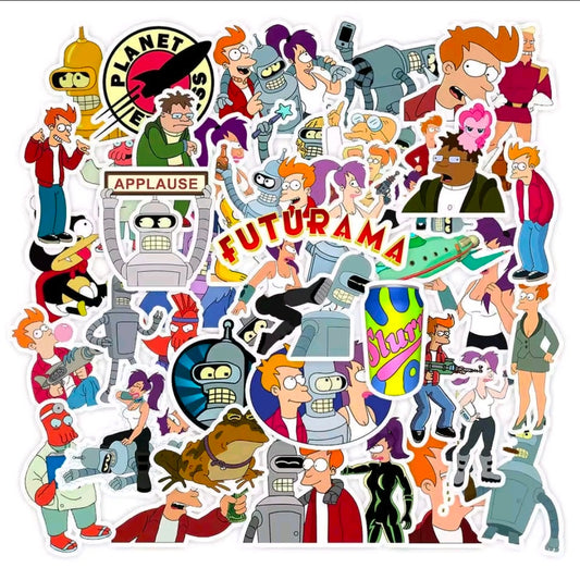 Futurama vinyl sticker pack showing many die-cut character stickers on a sheet