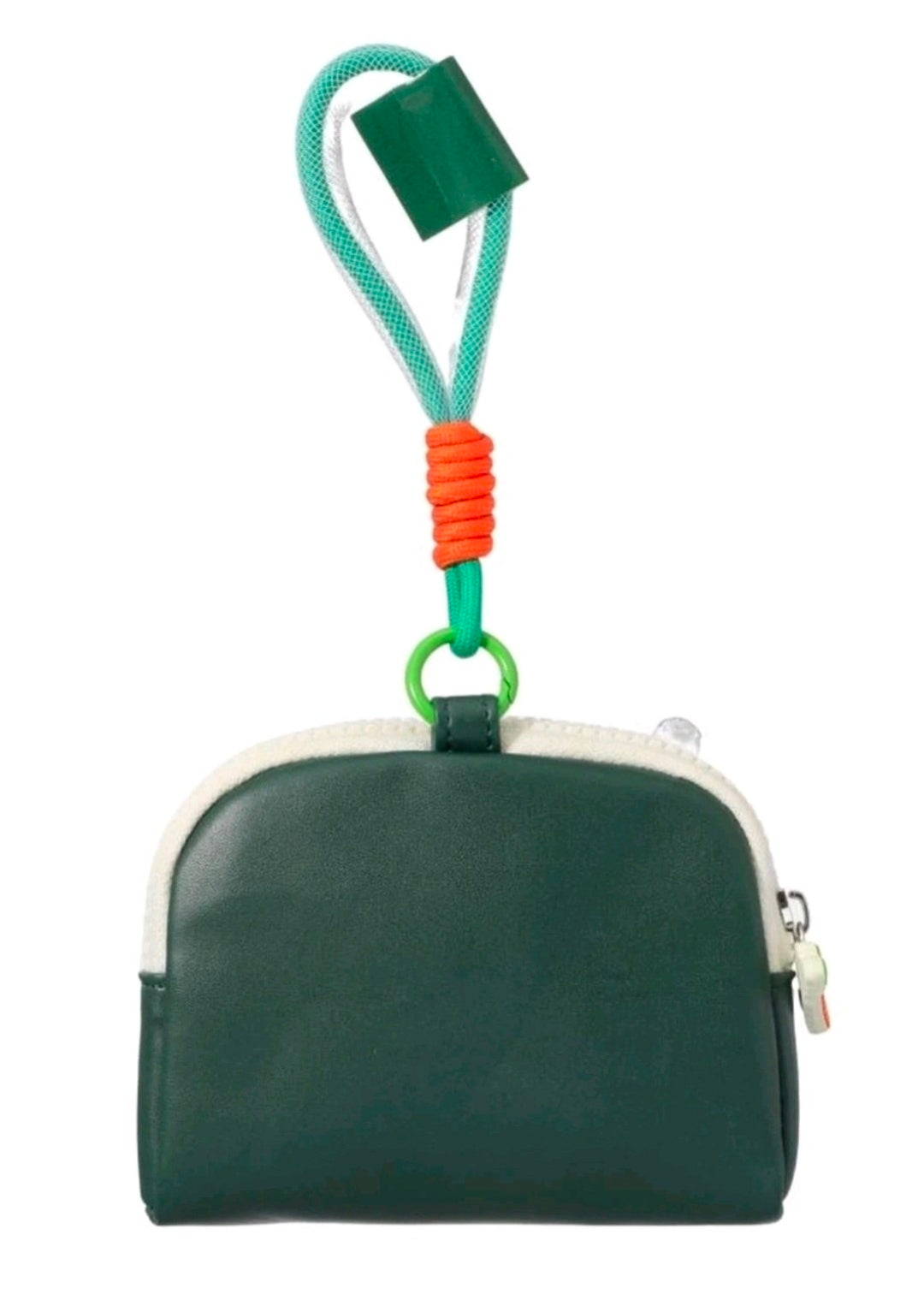 Green coin purse keychain pouch with turquoise loop, orange beaded cord, metal clasp