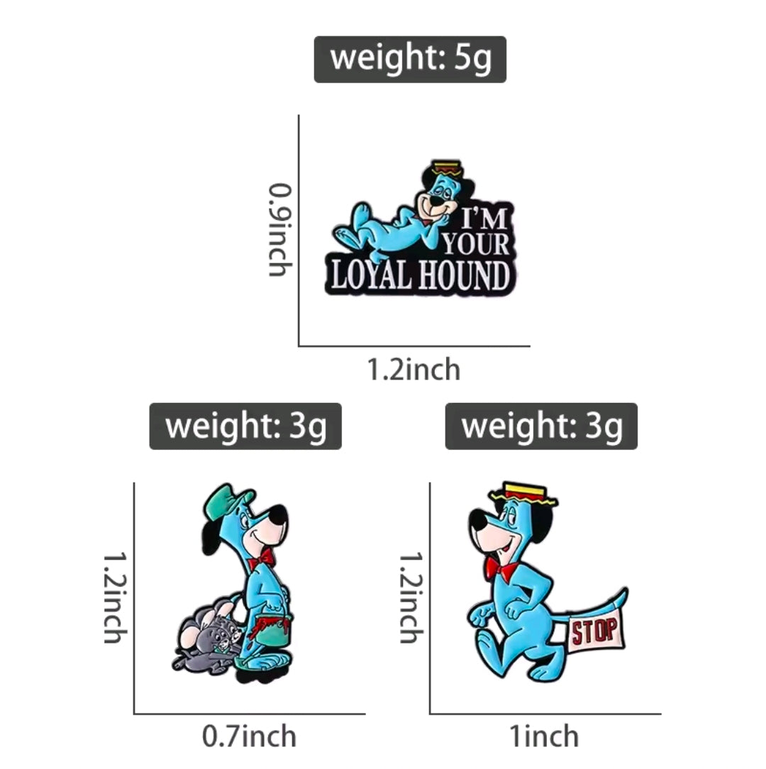 3-piece enamel pin set with three Huckleberry Hound designs: Loyal Hound, STOP, hound