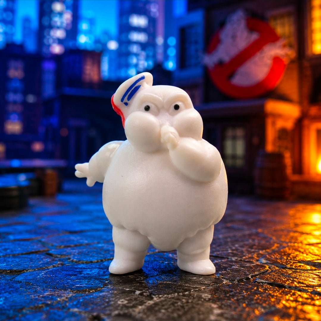 White mini Puft figure standing with red-and-blue striped hat, open hands.