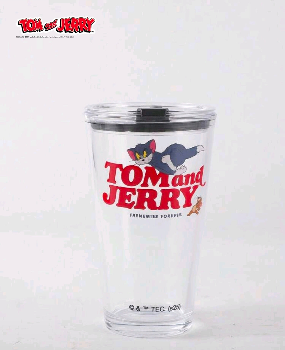 Clear plastic tumbler with black lid and Tom and Jerry graphic, centered front view