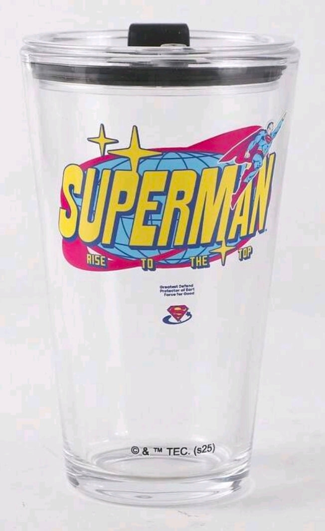Clear Superman glass tumbler with black lid, centered front design