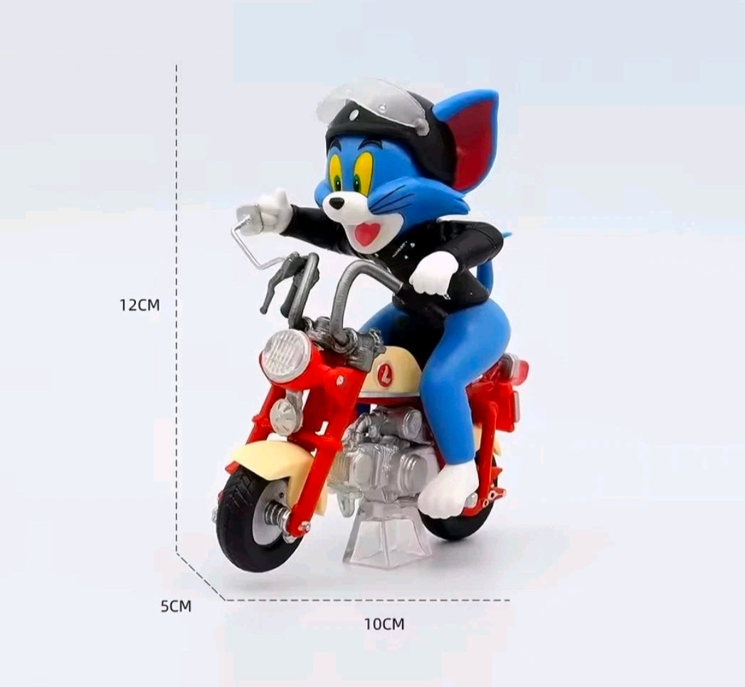 Biker Tom figure model on red motorcycle, blue character with black helmet (size shown)