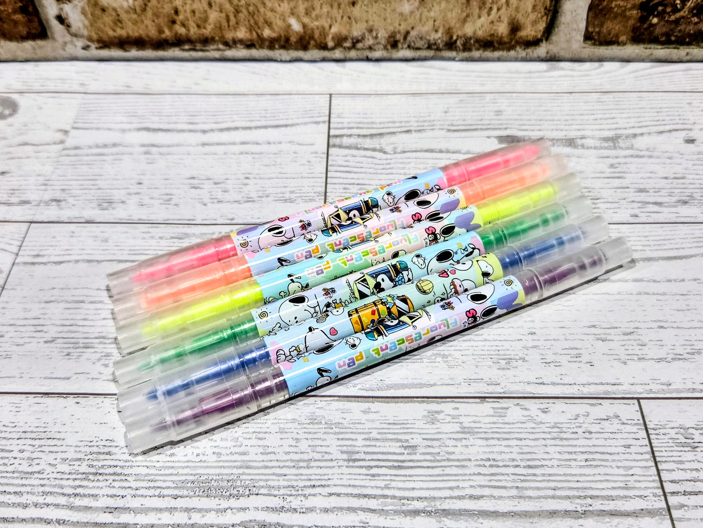 Snoopy Dual Tip Highlighter Set 6pc Fluorescent Peanuts Kawaii Stationery Chisel Fine Point Pink Orange Yellow Green Blue Purple