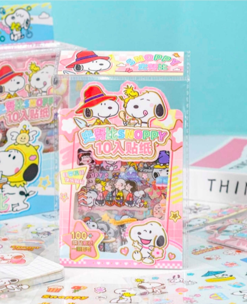 Colorful Snoopy sticker pack front with 10 sheets text and cute characters