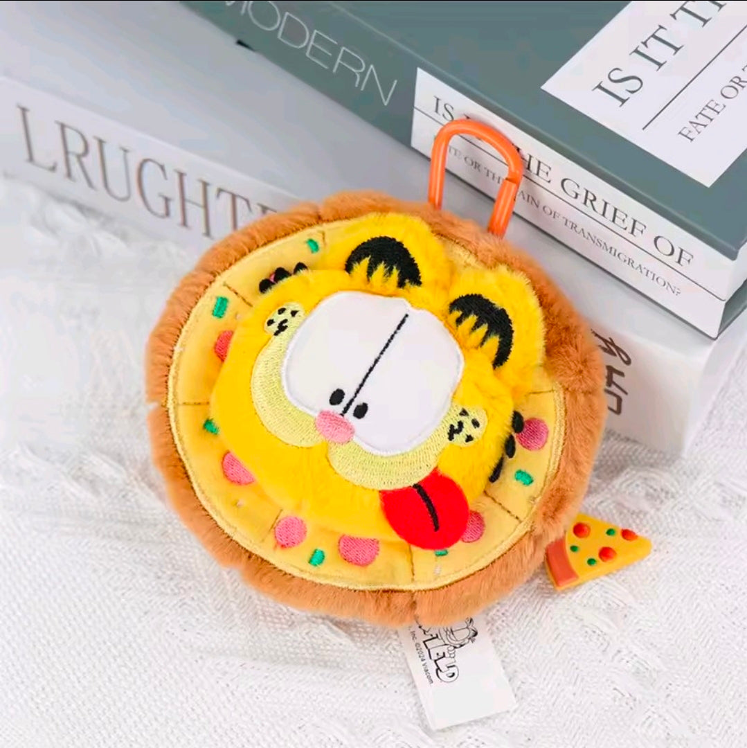 Garfield pizza plush coin pouch with orange loop keychain and cartoon face front