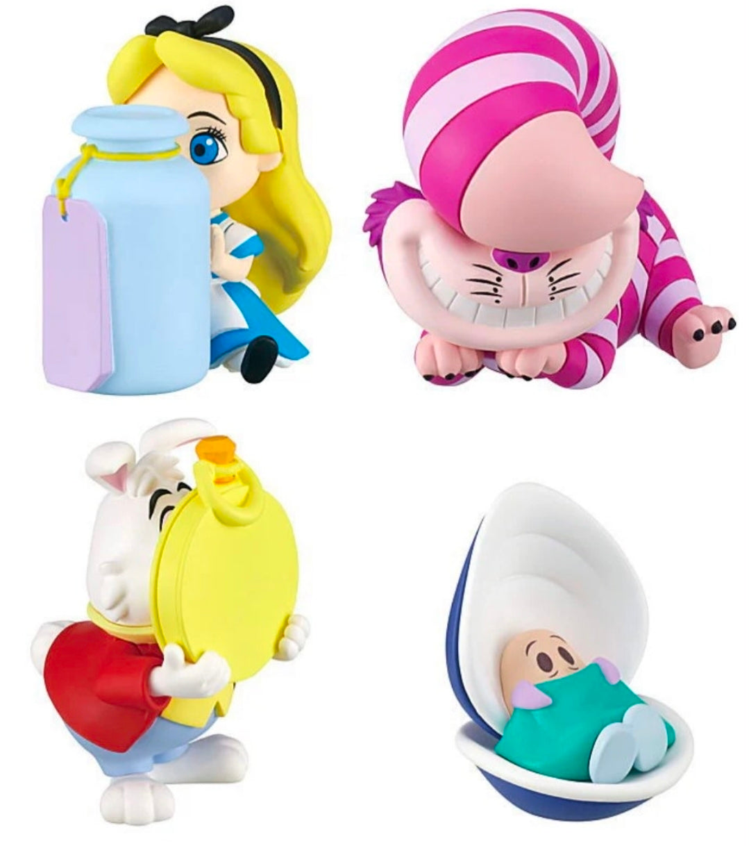 Four gashapon figures shown from multiple angles, including striped cat and tea girl