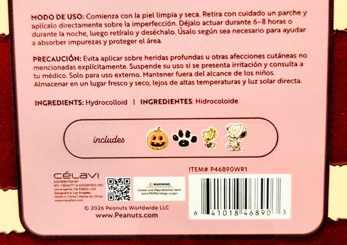 Hydrocolloid spot patch compact case back label with Peanuts x Celavi branding
