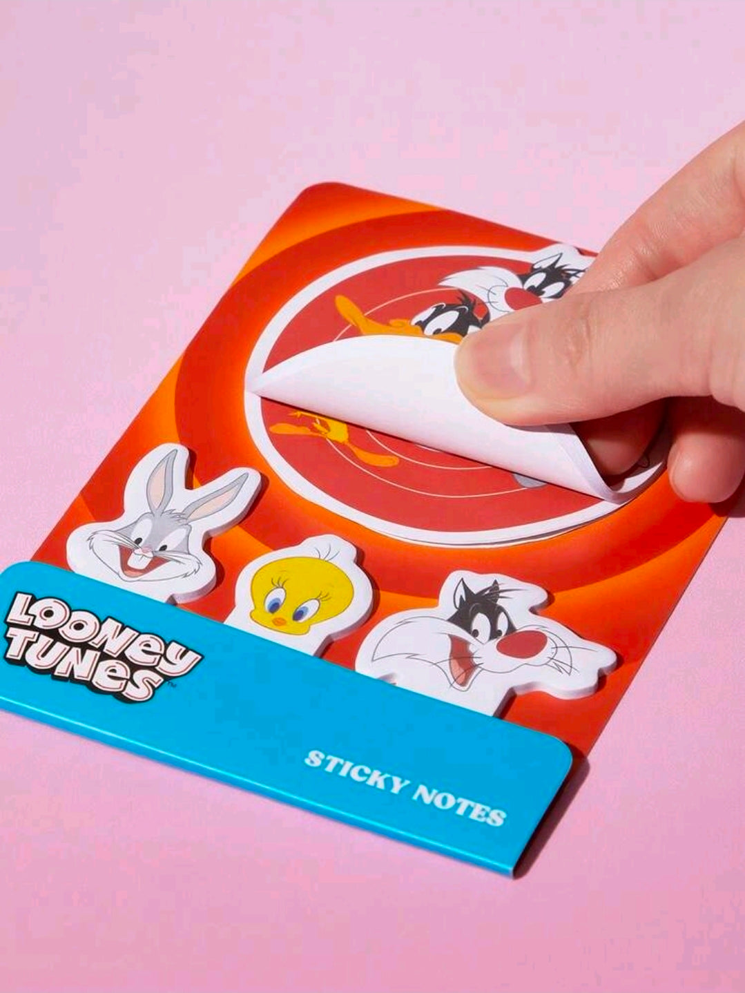 Sticky note pad set with die-cut character sticky note being peeled