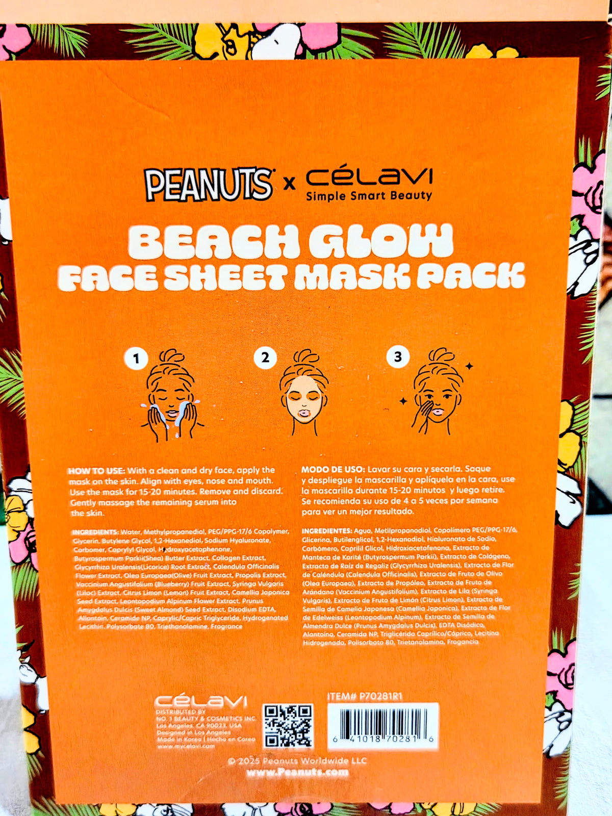 Beach glow face sheet mask pack box with usage steps and numbered face icons