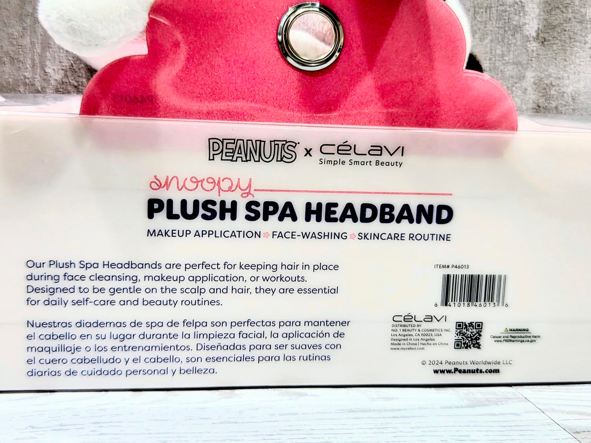 Plush spa headband package back with red Snoopy-themed header