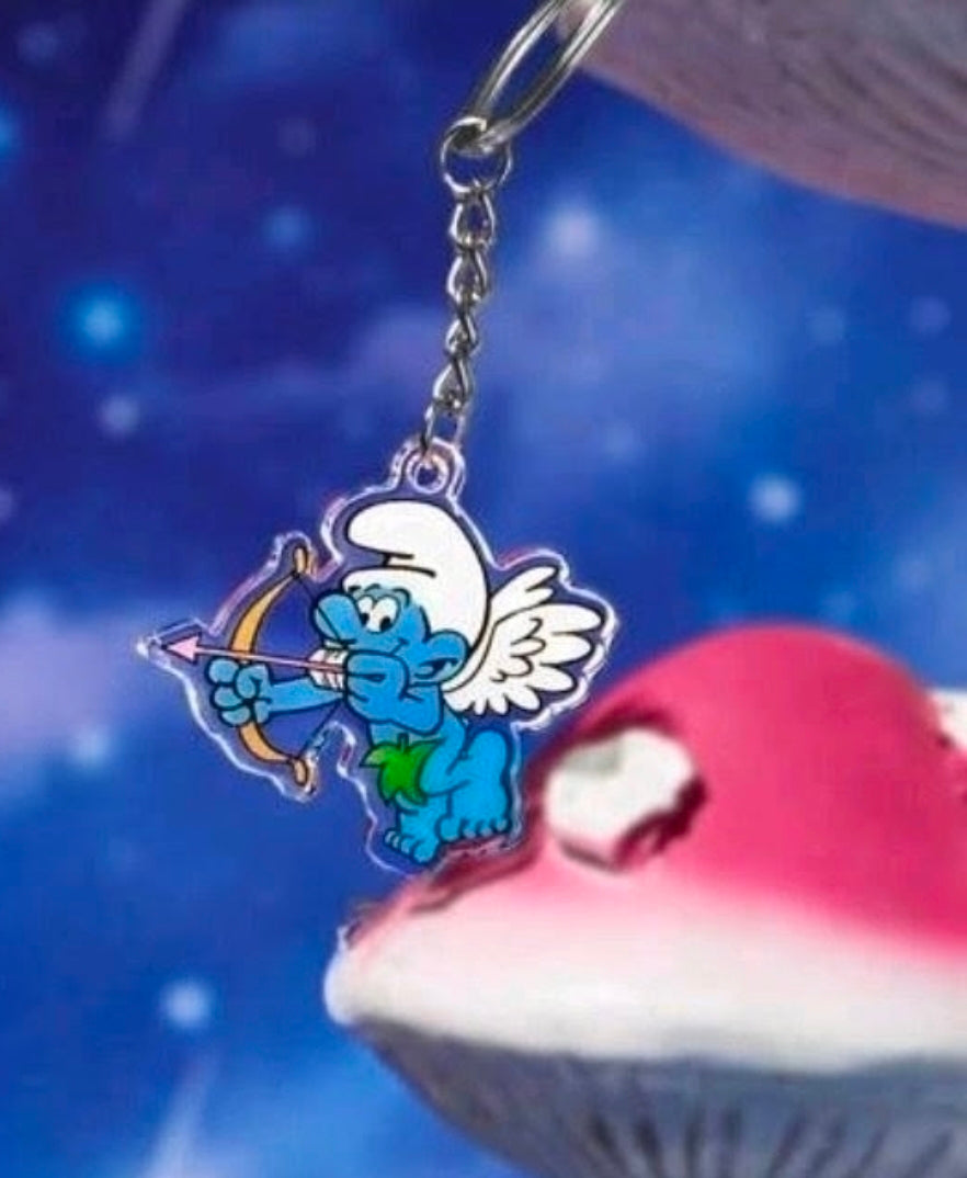 Blue winged cupid Smurf acrylic keychain charm on silver chain