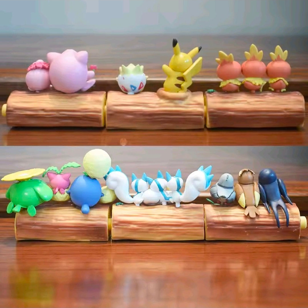 Re-Ment Pokémon mini figures on log bases, assorted characters from the set
