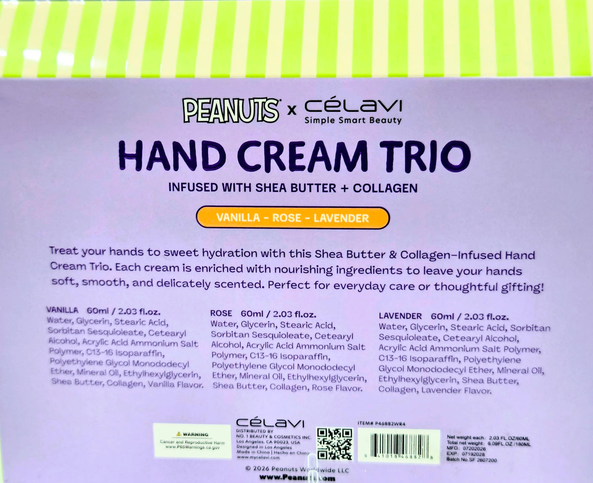 Hand cream trio box panel showing Vanilla, Rose, Lavender directions