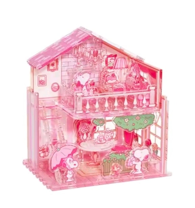 Pink acrylic puzzle house with balcony and tea party decor, Snoopy theme