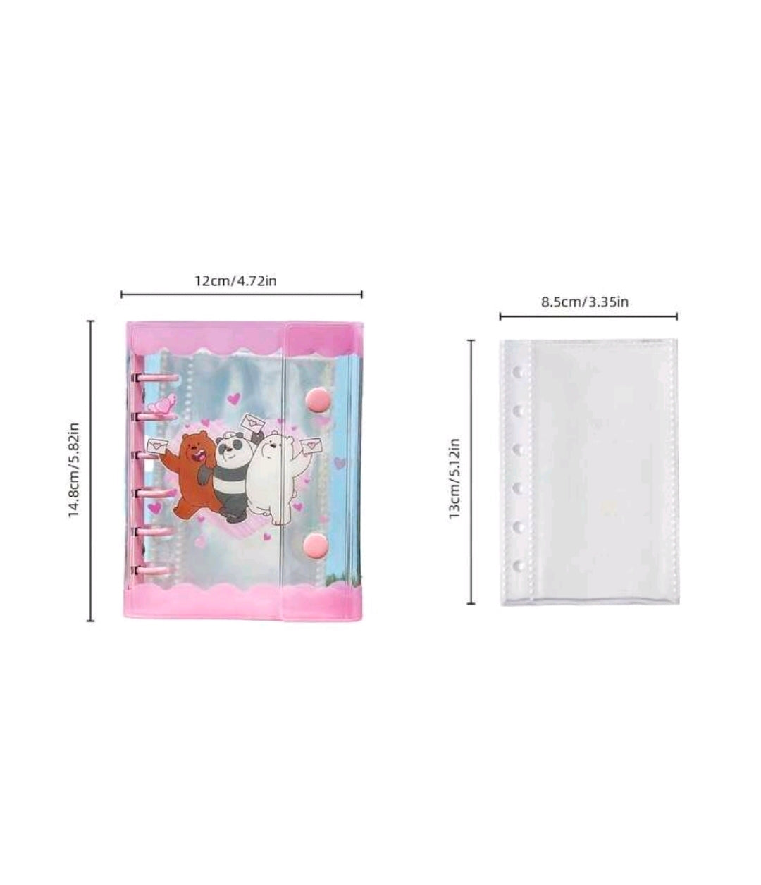 Mini photocard binder dimensions shown: 12cm x 14.8cm and 8.5cm x 13cm.