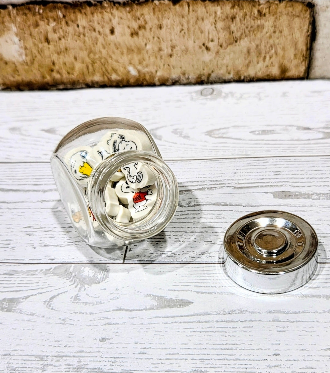 Snoopy Mini Glass Candy Jar 8 Mini Erasers Peanuts Collectible Storage