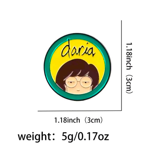 Daria character circle enamel pin with green border and yellow center