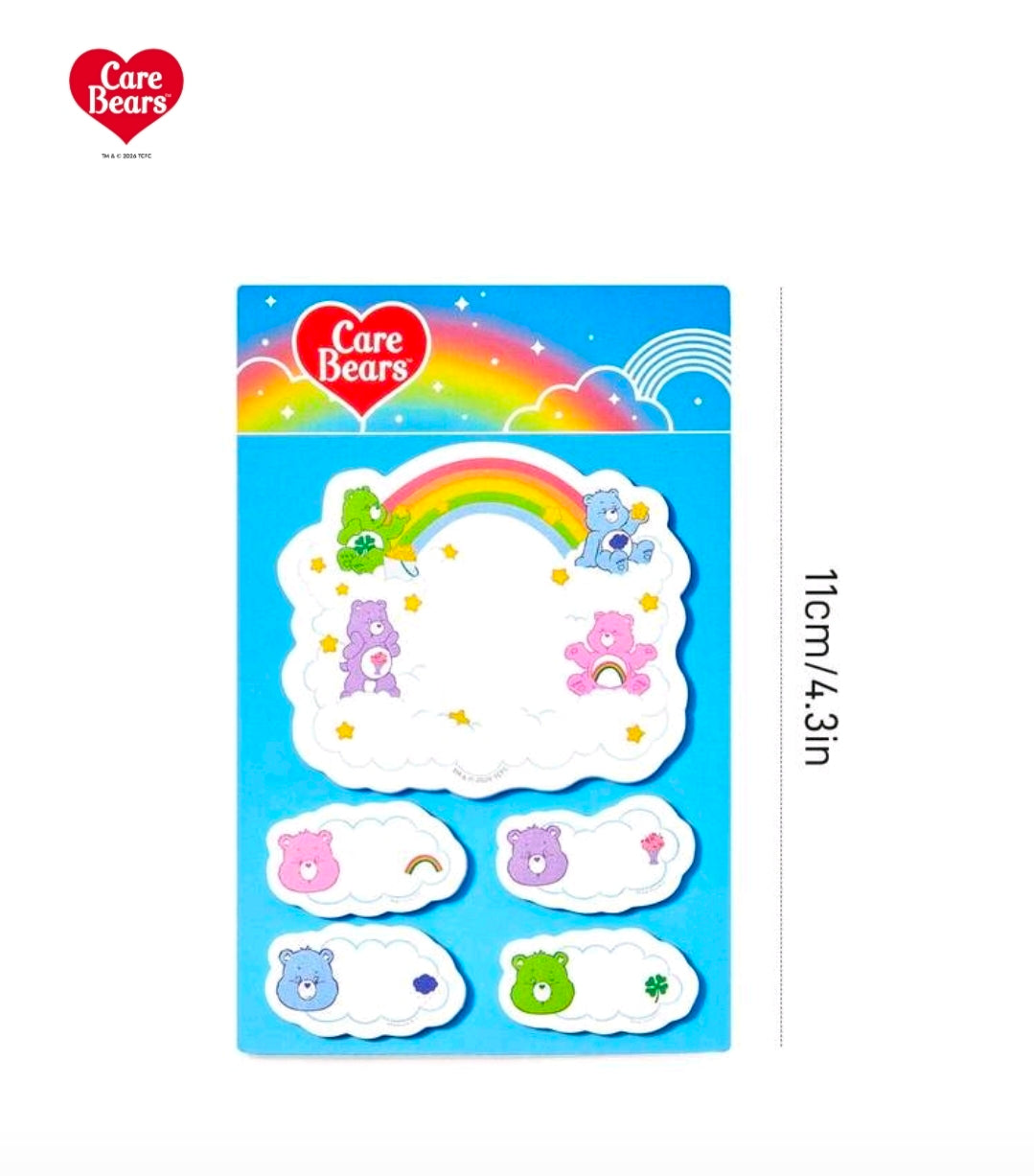 Care Bears sticky note pad and tabs on backing card, rainbow cloud and character icons