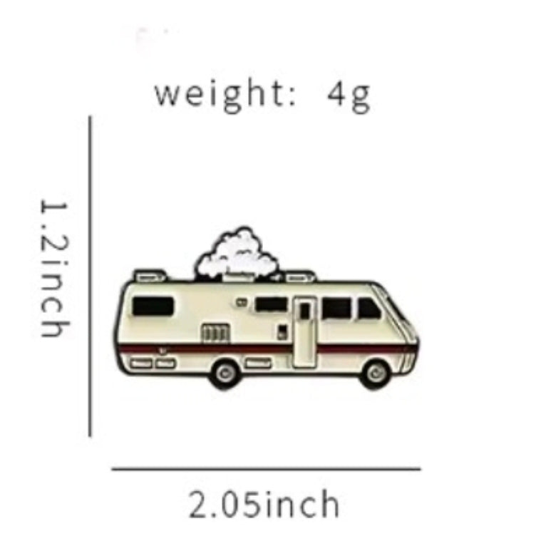 Enamel pin of a white RV camper van with black windows and gray roof