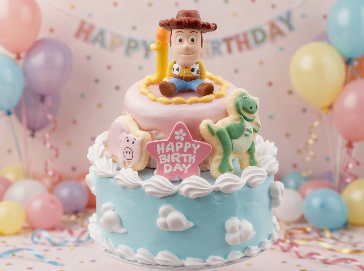 Mini birthday cake toy with Woody figure on top, blue frosting with cloud and star details