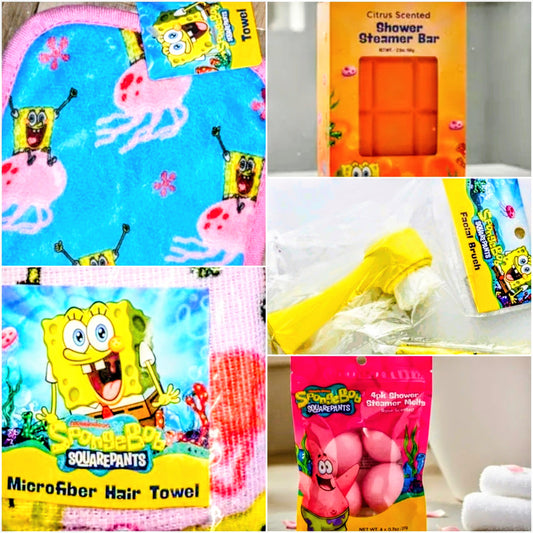 SpongeBob SquarePants microfiber hair towel with shower steamer bar and melts