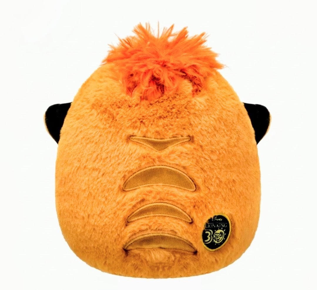 Orange Timon FuzzAMallow plush with sleepy smile, stitched belly lines, front view