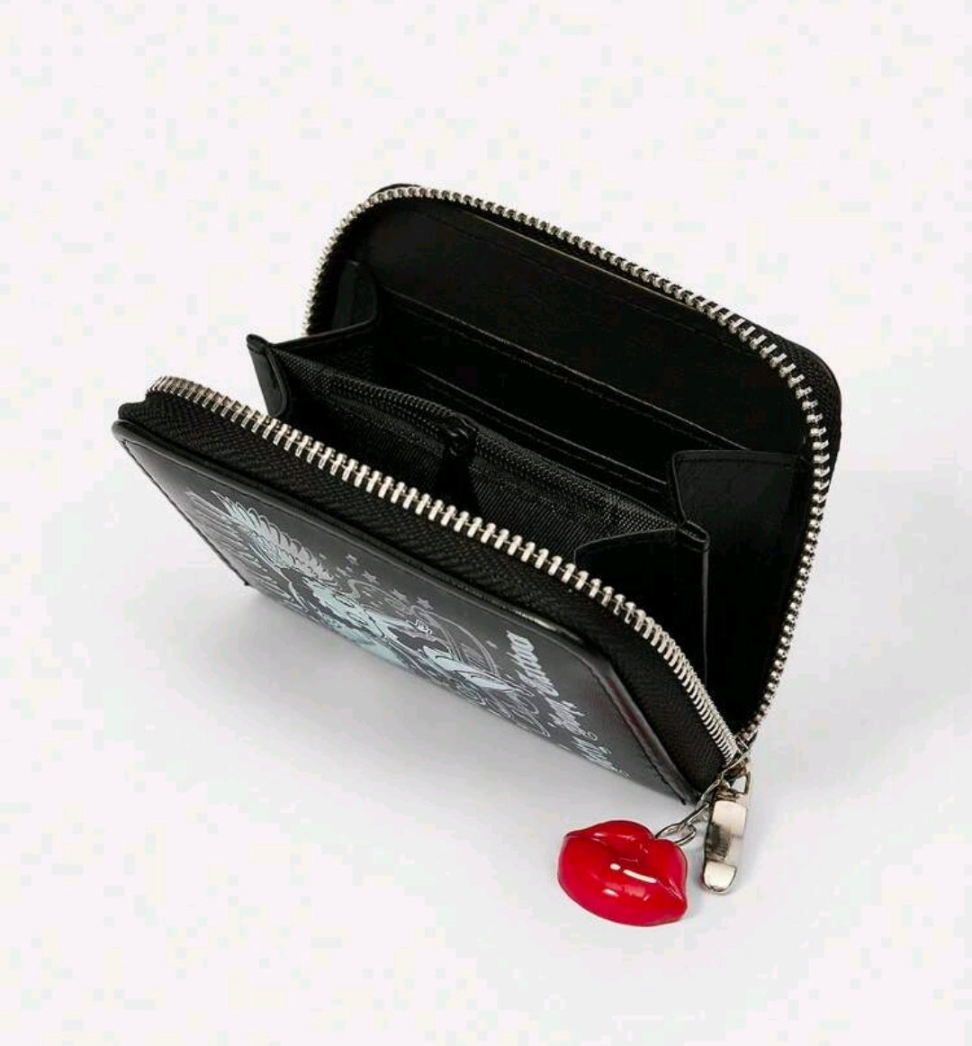 Black zip coin purse with tattoo-style Betty Boop graphic and red lips keychain charm