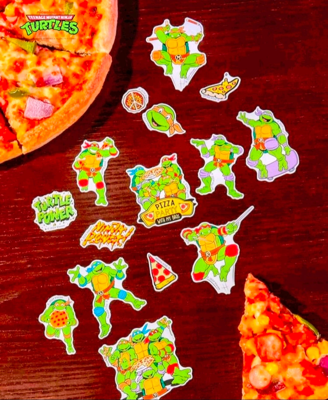 TMNT sticker pack with multiple turtle, pizza slice, and Pizza Party word decals