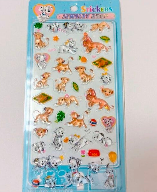 Disney sticker sheet with dalmatian dogs, orange lions, and fruit icons in clear pack