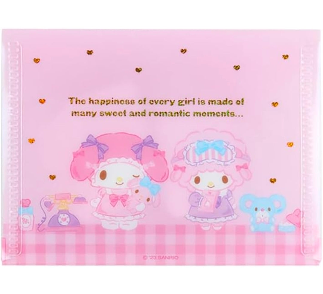Pink die-cut sticker flakes sheet with character figures and hearts pattern