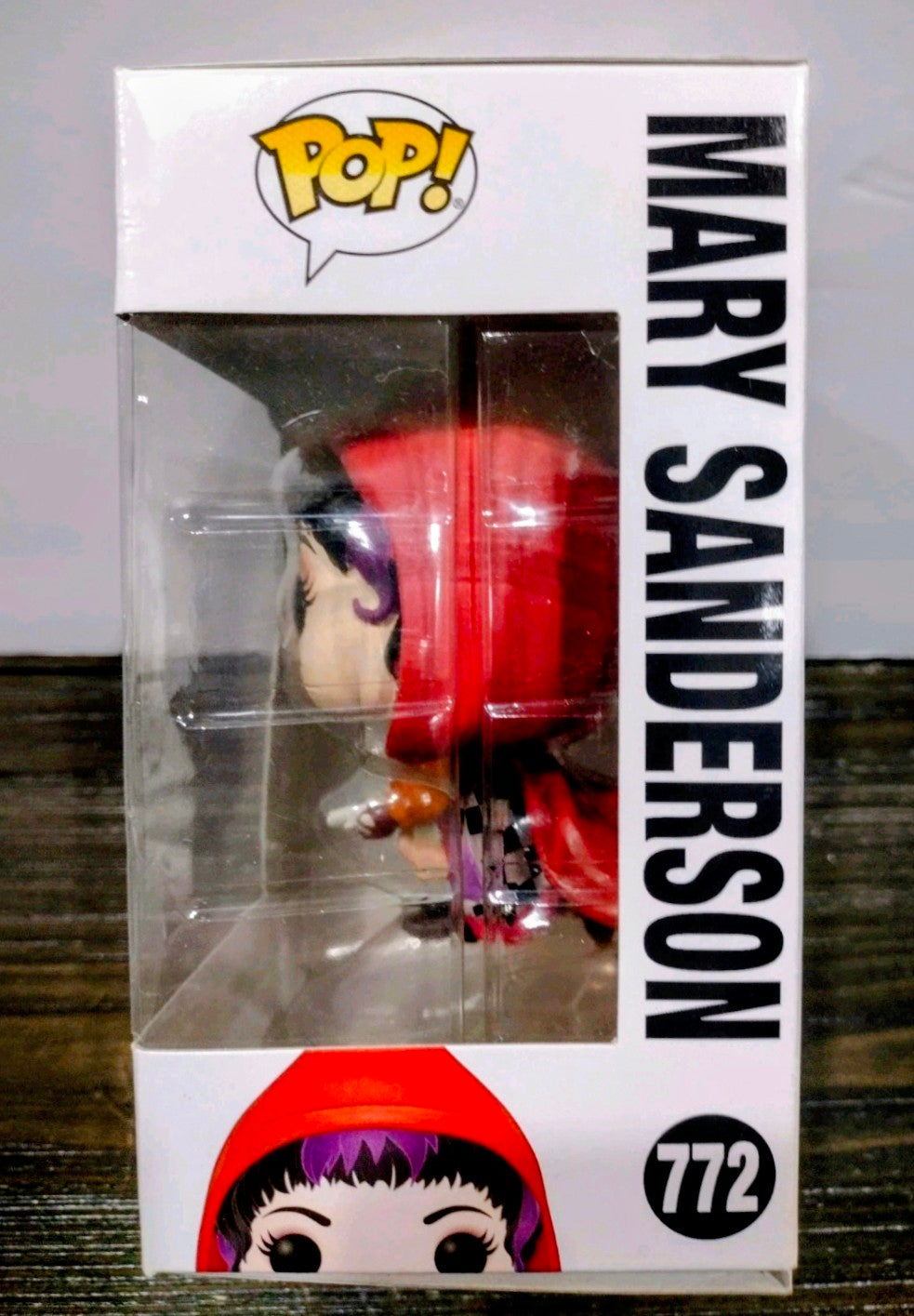 Mary Sanderson Funko Pop figure in clear plastic window, red hood, number 772
