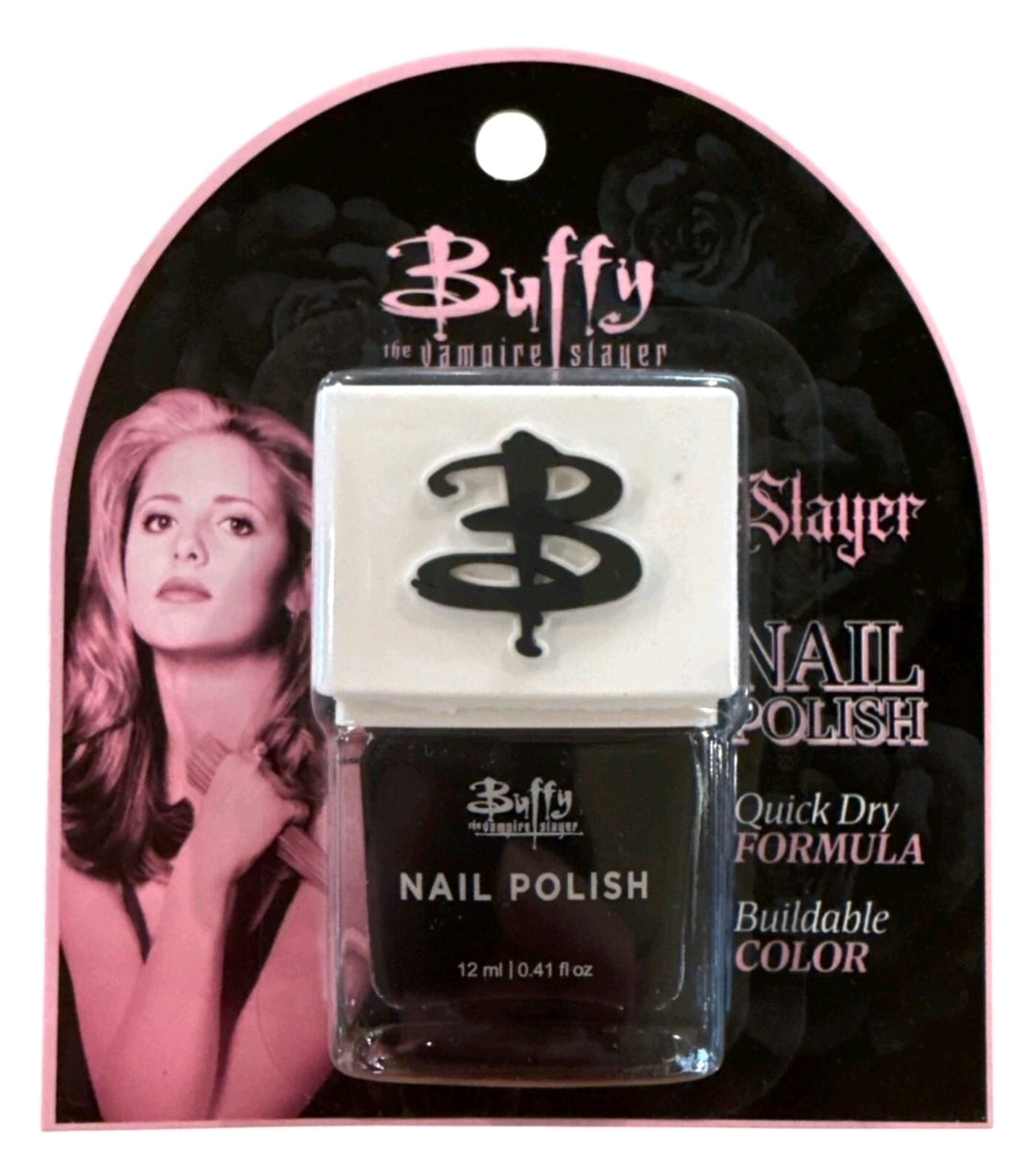 Buffy Slayer nail polish duo card with white top and dark polish bottles