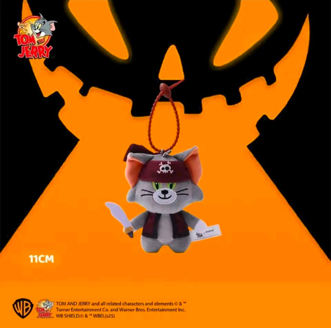 Pirate cat plush keychain with red hook loop, gray fur and skull hat band
