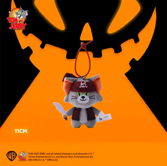 Pirate cat plush keychain with red hook loop, gray fur and skull hat band