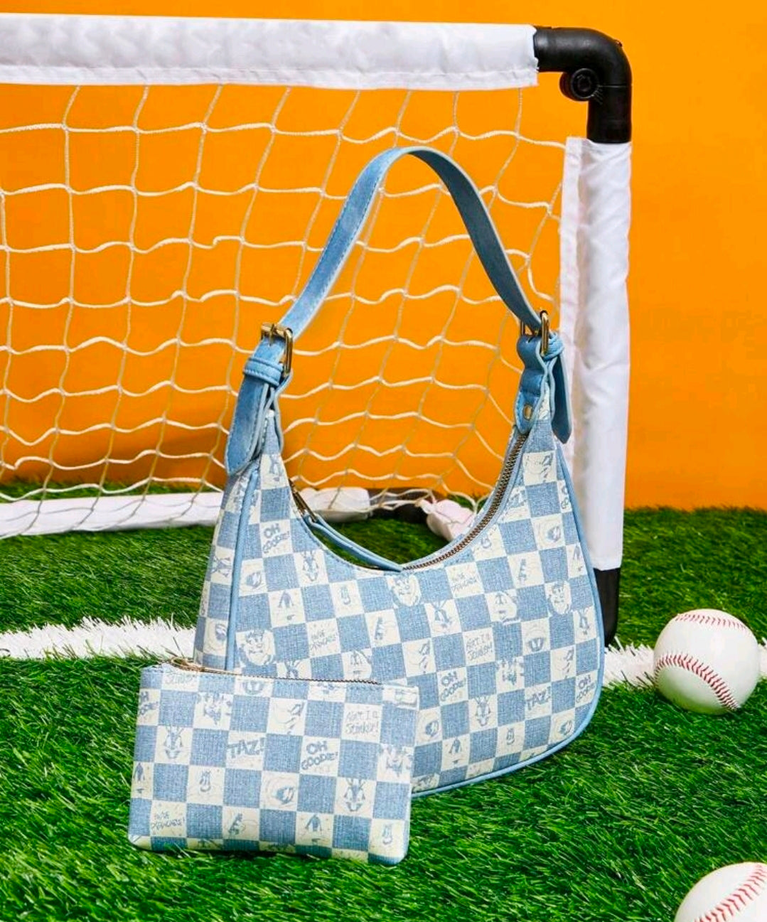 Blue checkered handbag set with matching clutch pouch and shoulder straps