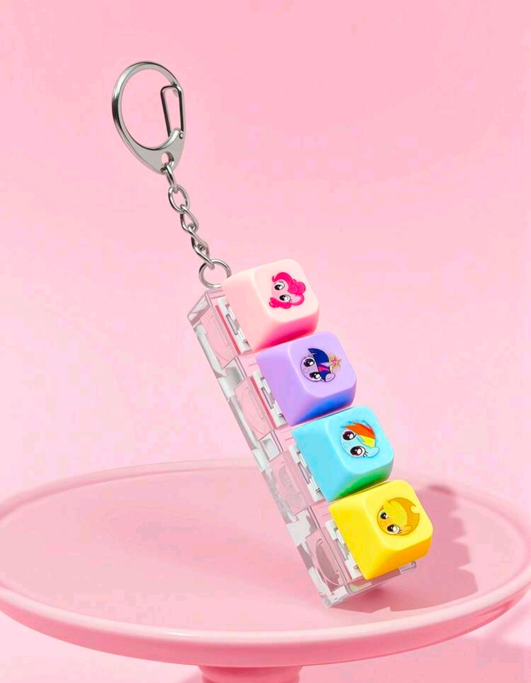 Keyboard clicker fidget keychain with metal key ring and four pastel pony keys