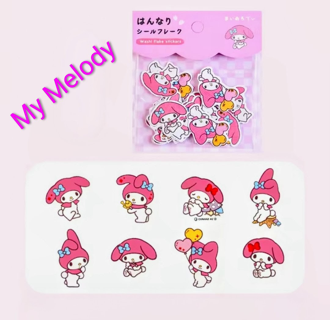 My Melody washi flake sticker pack, sheet with multiple pink character designs