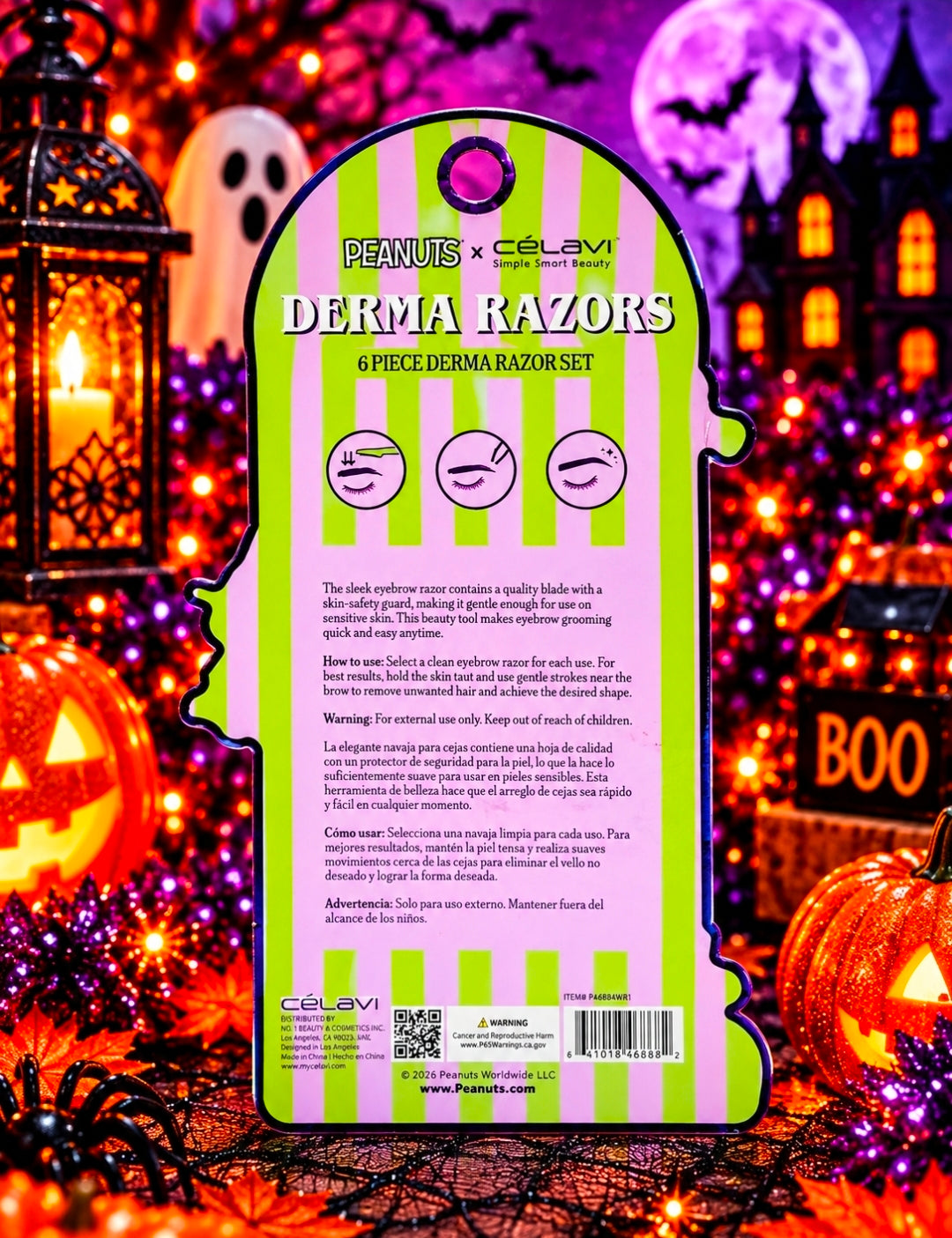 Back of Peanuts x Celavi derma razors 6-piece set packaging with printed safety info