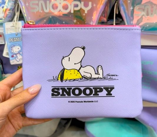 Lavender Snoopy zipper pouch with Snoopy illustration and SNOOPY logo