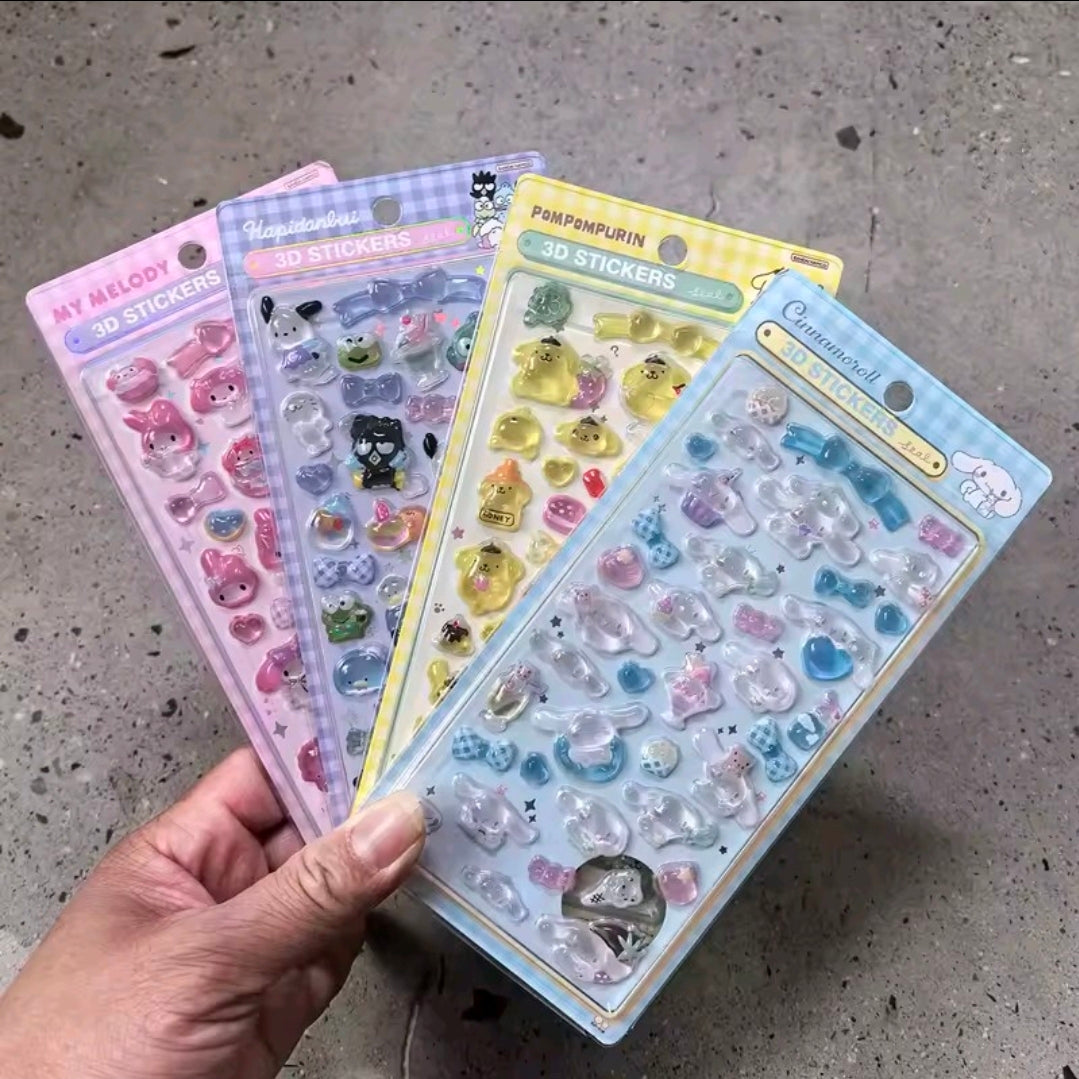 Assorted 3D acrylic sticker sets with mixed colors and cute character designs on cards