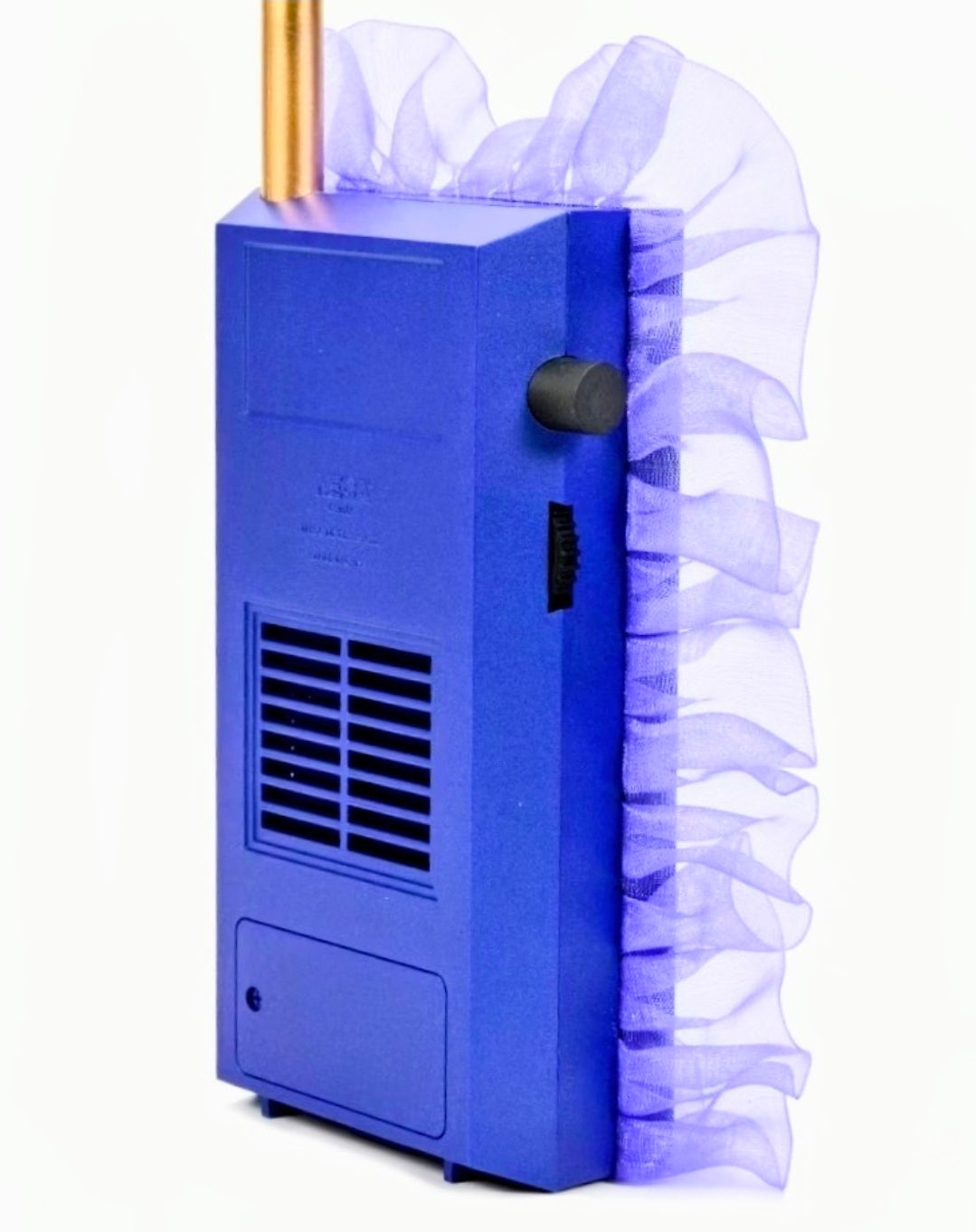 Blue Batgirl walkie talkie prop replica, side view with speaker grille and antenna